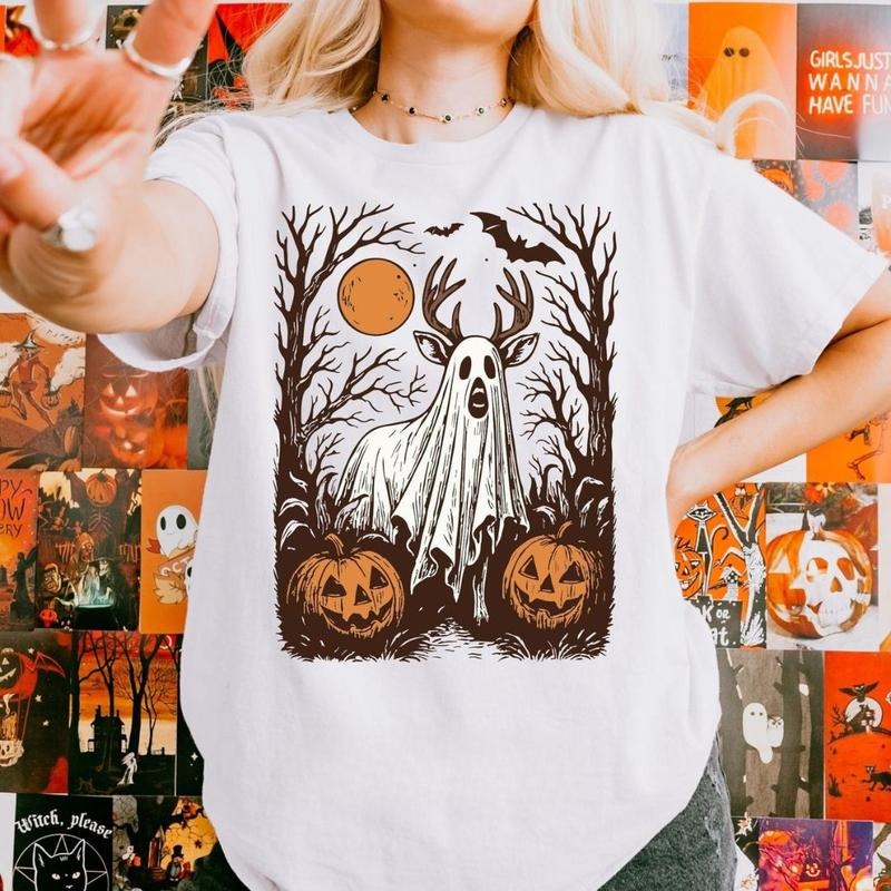Halloween Forest Deer Hunting Spooky Unisex Shirt, Ghost Buck with Pumpkins & Bats Unisex Tee, Hunting Halloween Gifts for Outdoor Lovers
