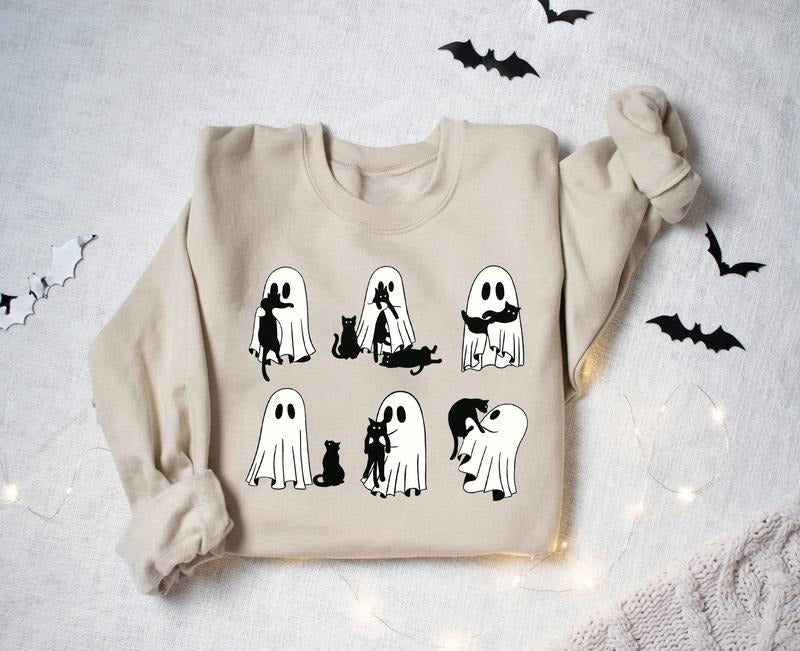 Halloween Ghost Cat Sweatshirt, Ghosts Hold Black Cats Halloween Shirt, Halloween Ghost Cat Shirt, Halloween Gifts For...