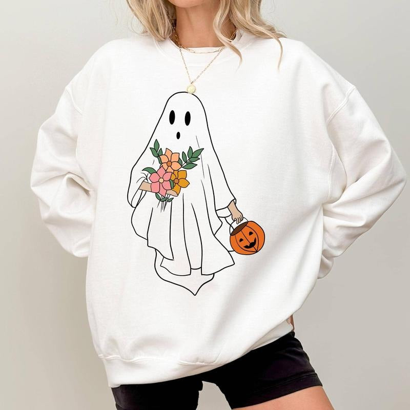 Halloween Ghost Sweatshirt, Floral Ghost Crewneck, Ghost with Flower Bouquet Sweatshirt For Girls, Halloween Ghost Sweater, Trick or Treat Sweatshirt, Spooky Season Long Sleeve Pullover, Women's Tops, Fall Winter Casual Womenswear, Comfort Cotton Fabric