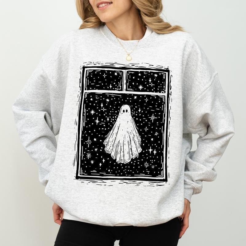 Halloween Ghost Sweatshirt, Funny Halloween Ghost in Window Crewneck, Spooky Season Sweatshirt, Cute Ghost Sweater, Spooky Vibes Sweatshirt For Women, Comfy Long Sleeve Pullover, Cute Women's Tops, Fall Winter Casual Womenswear, Comfort Fabric Cotton Top