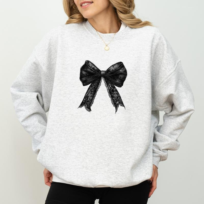 Halloween Gothic Coquette Bow Sweatshirt, Gothic Halloween Sweatshirt For Girls, Cute Black Coquette Sweater, Coquette Bow Crewneck, Spooky Season Tees, Comfy Long Sleeve Pullover, Fall Autumn Women's Tops, Casual Womenswear, Comfort Fabric Cotton Top