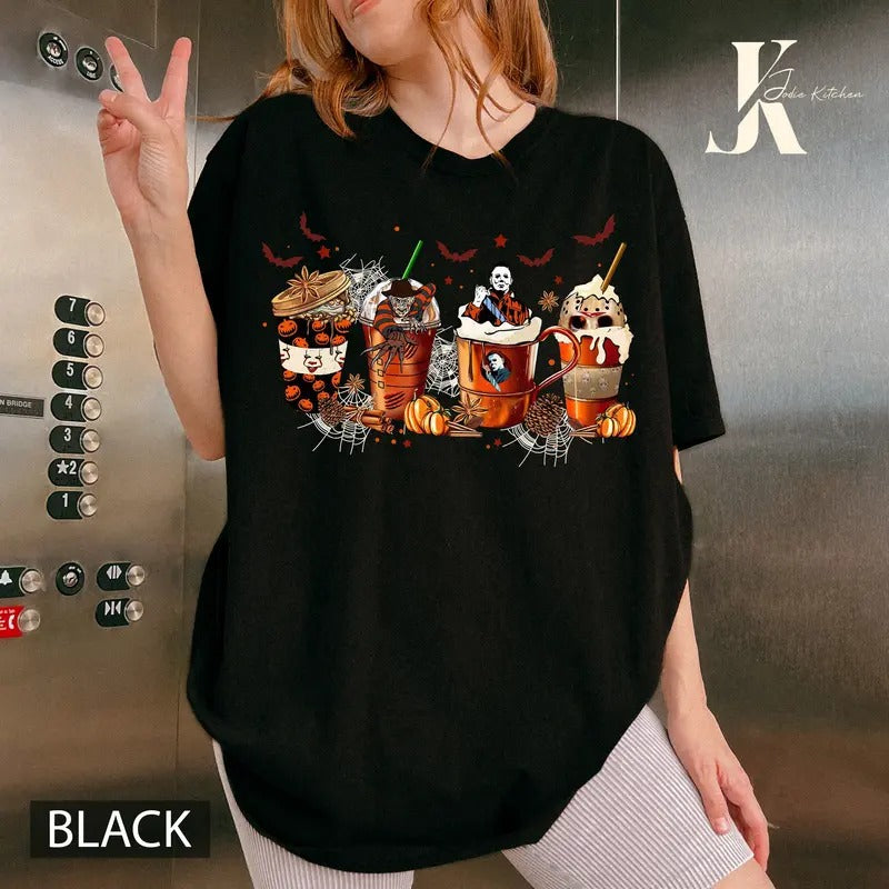 Halloween Horror Characters Coffee Shirt, Tis The Season Shirt, Halloween Latte Drink Cup, Horror Movie Shirt, Coffee Lover Tee, Spooky Shirt