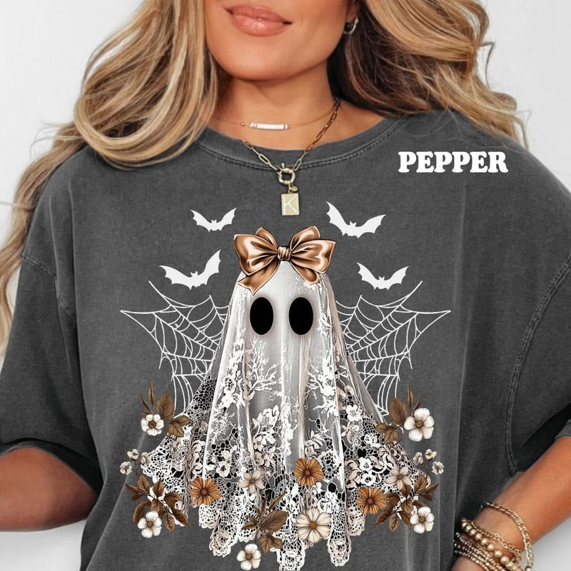 Halloween Lace Ghost Shirt Unisex Apparel Relaxed Fit Printed in the USA Casual Comfort Cotton Top Athletic Boho Chic Everyday Streetwear