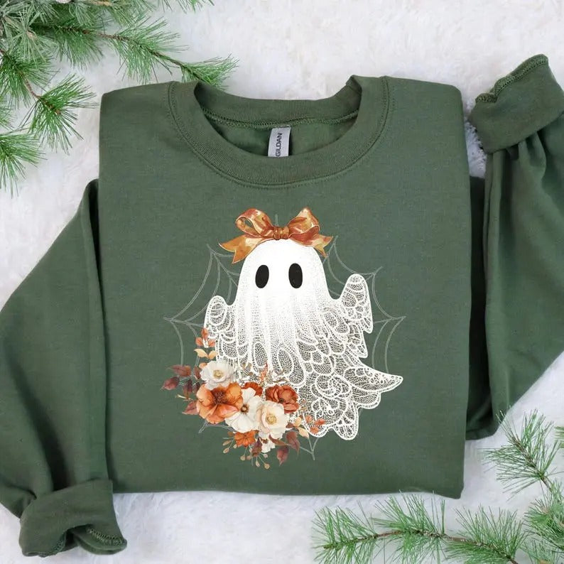 Halloween Lace Ghost Sweatshirt - Cute Floral Ghost Sweater, Spooky Fall Floral Shirt, Stylish Coquette Bow Girl Halloween T-Shirt, Comfort Cotton