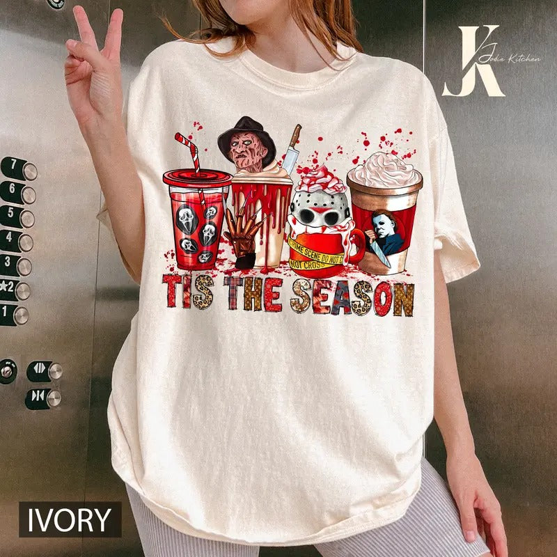 Halloween Michael Myers Ghost Face Pennywise Jason Freddy Coffee Shirt, Tis The Season Shirt, Halloween Latte Drink Cup, Horror Movie Shirt, Coffee Lover Tee, Spooky Shirt, Horror Characters
