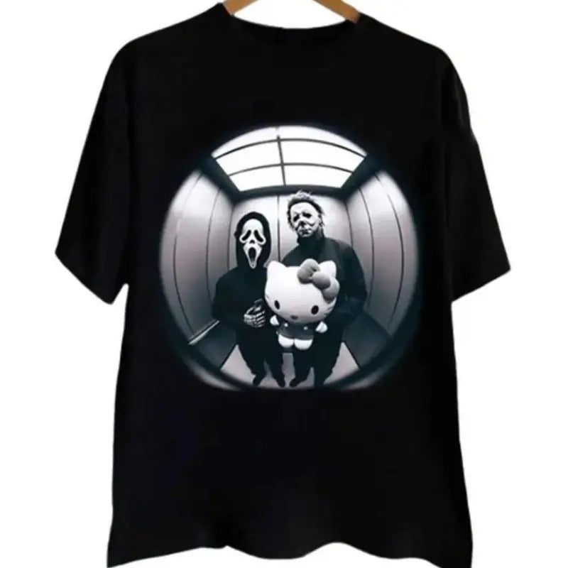 Halloween Michael Myers and Ghost Face Hello Kitten Tee Shirt Front Side, Horror Movie Fan Character Shirt, Halloween Funny Movie Shirt Menswear Top