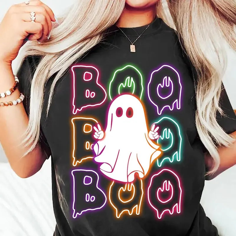 Halloween Neon Boo Ghost Spooky Season T-shirt Sweatshirt, Unisex Classic T-Shirts in All Sizes All Colors Hoodie