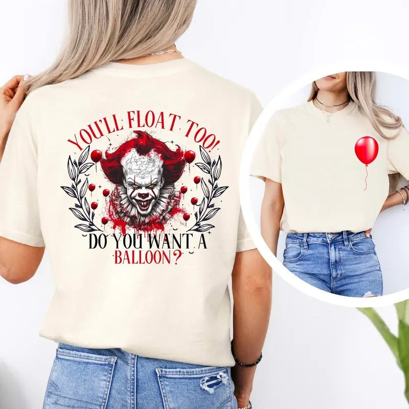 Halloween Pennywise Two Sided Shirt, Pennywise Do You Want A Balloon Shirt, Horror Night Tee, Horror Halloween Party, Unisex Short Sleeve Tee Shirt
