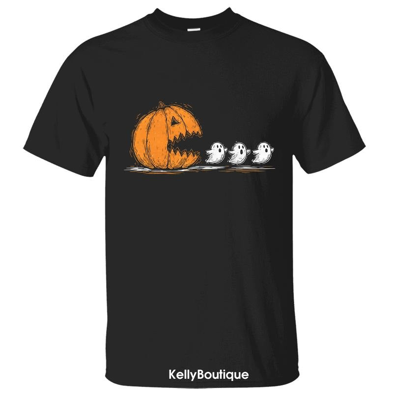 Halloween Pumpkin Chasing Boo Ghost Pac Man Game Parody T-Shirt Sweatshirt Hoodie, Trendy Halloween Spooky Season Front Side Graphic Design Unisex Cotton T-shirt for Women for Men Womenswear Menswear Top