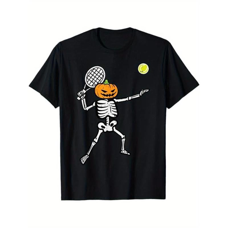 Halloween Pumpkin Skeleton Tennis Costume Men Women Boys T-Shirt, 100% Cotton, Halloween Thanksgiving Christmas Gift for Men Women Dad Mom Friends, S-XXXL, Black made in usa
