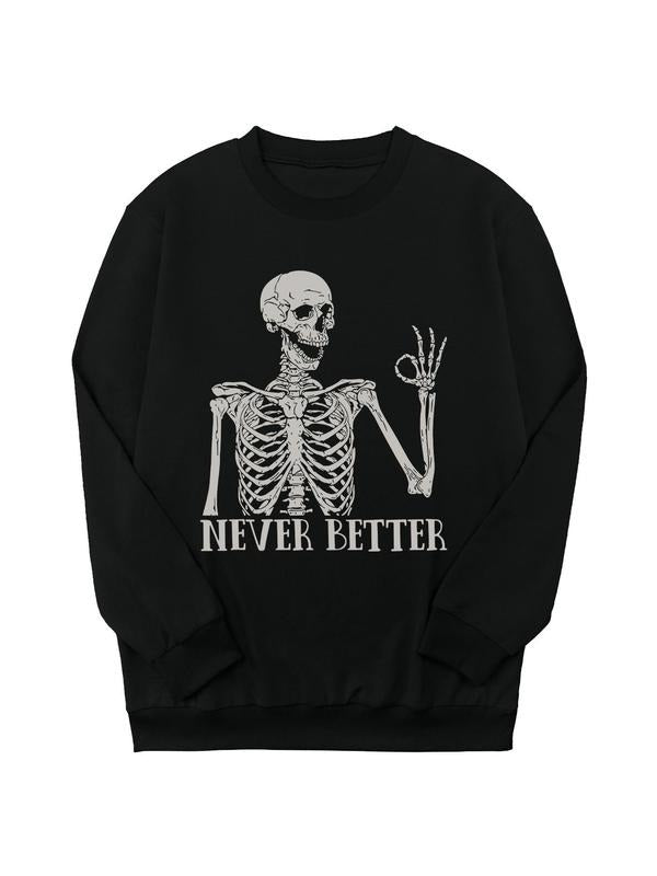 Halloween Skeleton Print Crew Neck Sweatshirt, Casual Long Sleeve Pullover for Daily Wear, Clothing for All Seasons...