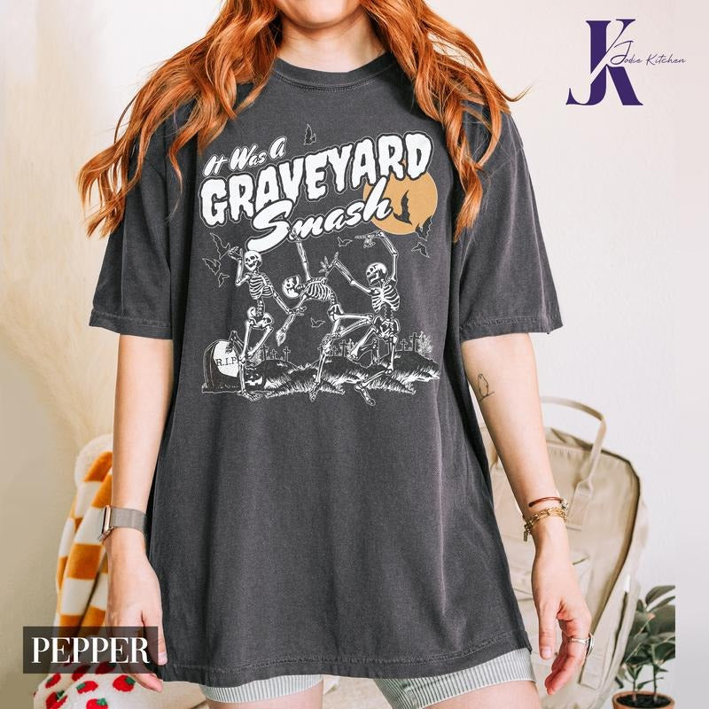 Halloween Skeleton Shirt, Dancing Skeleton Shirt, Halloween Comfort Color Shirt, Long Sleeve Halloween Comfort Colors Shirt, Trendy Fall Spooky Season Tee, Graveyard Smash Shirt