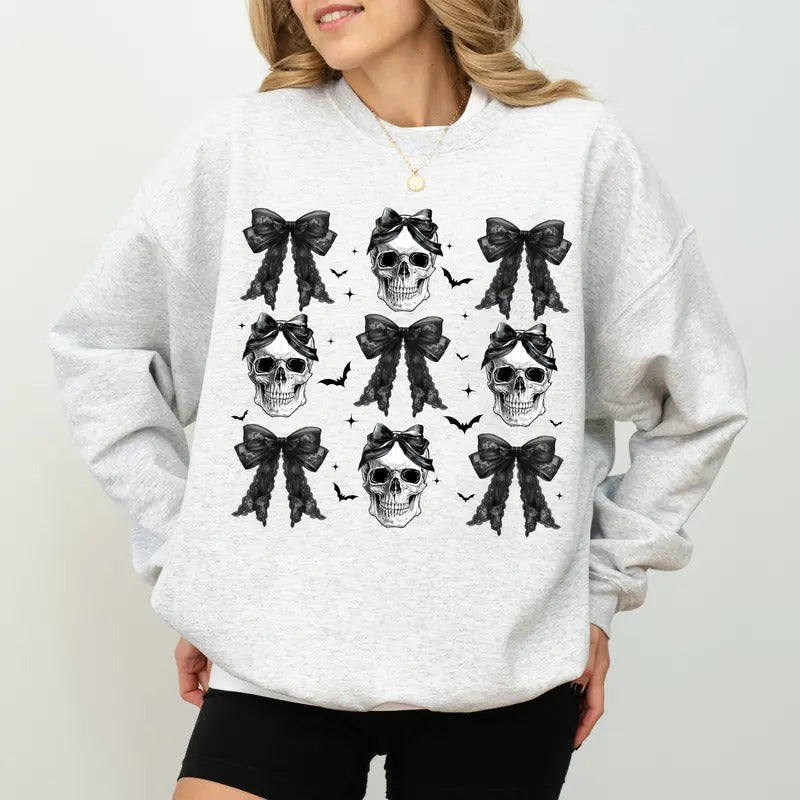 Halloween Skull with Coquette Bow Gothic Sweatshirt, Spooky Sweatshirt For Girls, Halloween Witchy Sweater, Gothic Girly Halloween Crewneck, Comfy Long Sleeve Pullover, Cute Womens Tops, Fall Winter Casual Womenswear, Comfort Cotton Fabric Relaxed Top