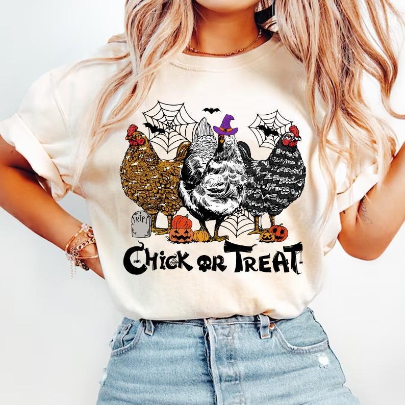 Halloween Spooky Chicken Shirt, Autumn, Chick or Treat, Pumpkin Chicken Sweatshirt, Trick or Treat Unisex Cotton Crewneck