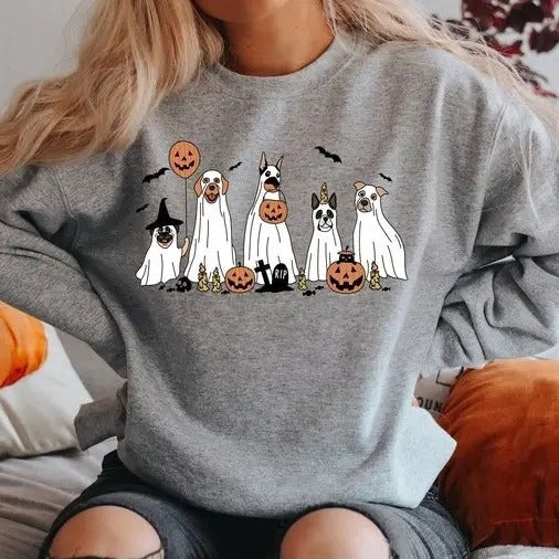 Halloween Sweatshirt,Halloween Sweater,Ghost Sweatshirt,Halloween Dog Sweatshirt,Ghost Dog Shirt,2023 Happy Halloween,Retro Spooky Season, Halloween 2024 Sweatshirt, halloween dog sweater