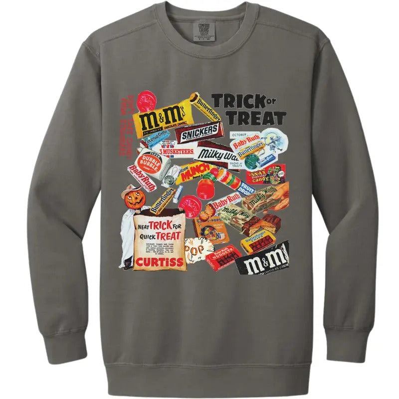 Halloween Trick-Or-Treat Candy Sweatshirt, Comfort Colors Sweatshirt, Spooky Season Crewneck Cotton Fabric