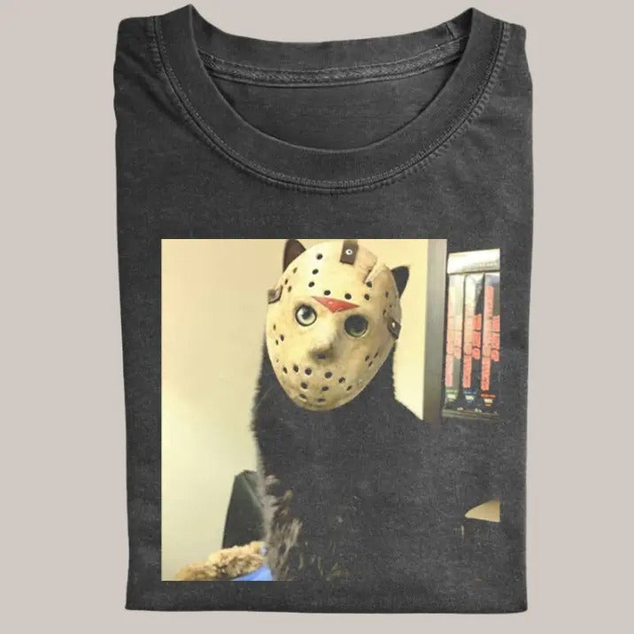 Halloween Vintage Tees, Jason Cute Black Cat T-shirt, Horror Movie Shirt, Unisex Funny Halloween Shirt Menswear Womenswear Streetwear