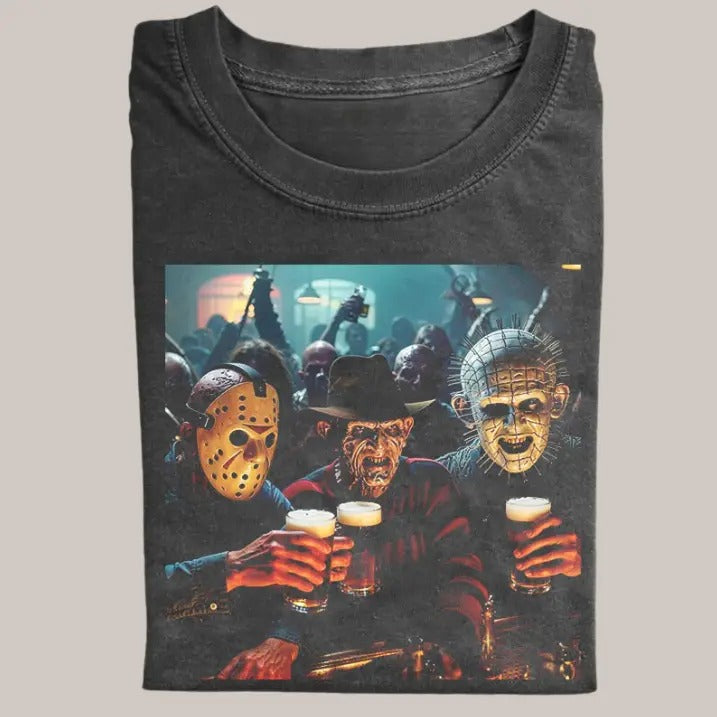 Halloween Vintage Tees, Jason X Freddy X Pinhead T-Shirt, Horror Movie Shirt, Unisex Funny Halloween Shirt Menswear Womenswear Streetwear