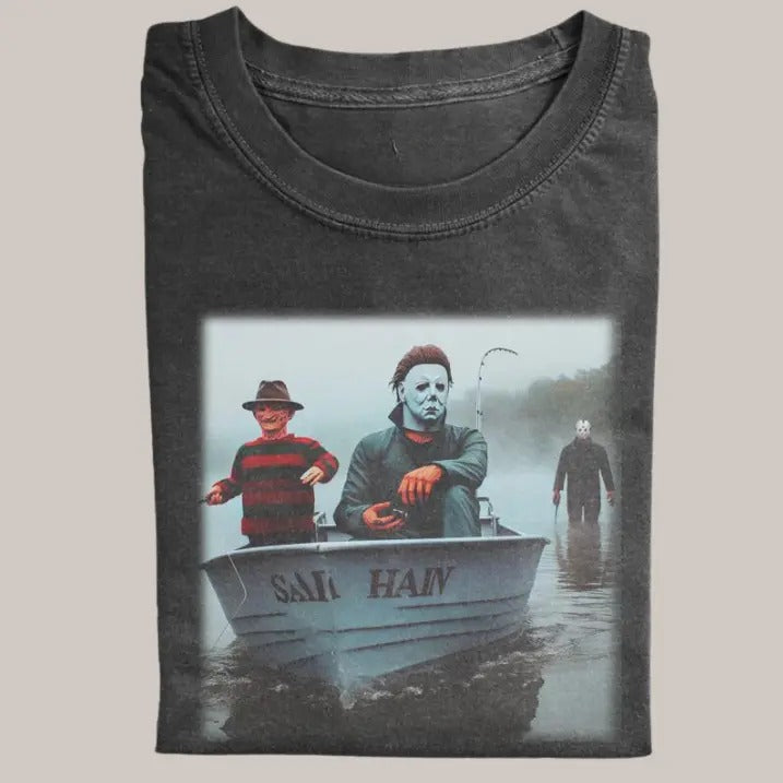 Halloween Vintage Tees, Jason x Freddy x Michael T-shirt, Horror Movie Shirt, Unisex Funny Halloween Shirt Menswear...