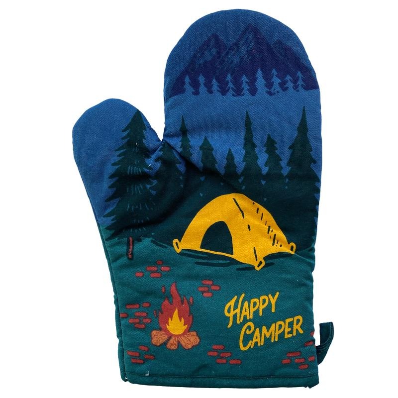 Happy Camper Oven Mitt Hiking Campfire Forest Nature Bonfire Kitchen Glove Funny Graphic Kitchenwear Funny Camping Novelty Cookware Green