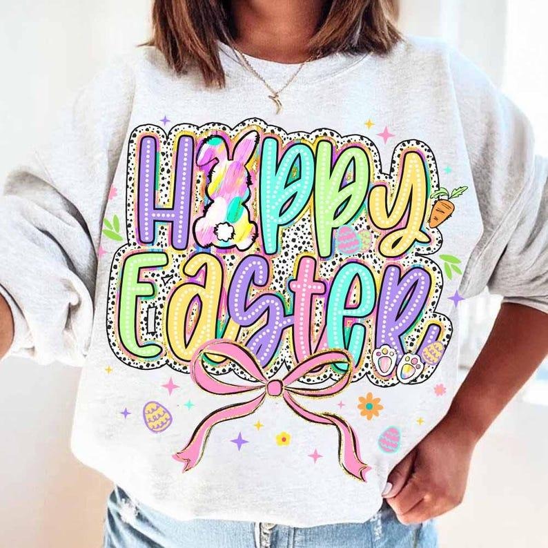 Happy Easter Sweatshirt Brushstroke Bunny Coquette Bow Retro Easter Preppy Dalmatian Dots