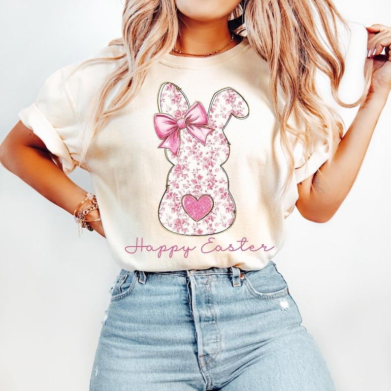 Happy Easter, Pink Floral Chinoiserie Bunny, Grand Millennial Easter, Pink Toile Rabbit, Easter Coquette, Girls Tshirt