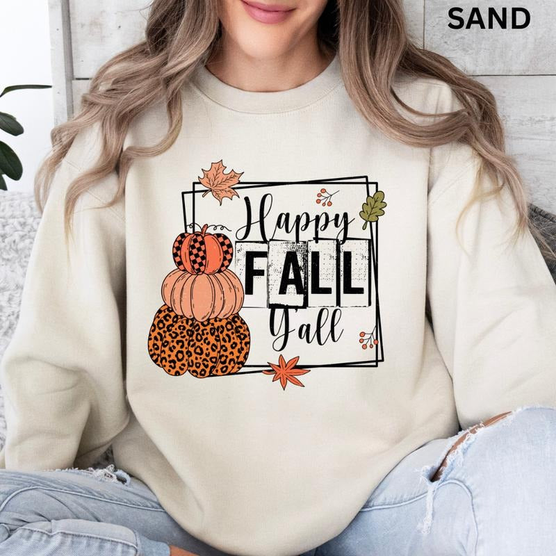 Happy Fall Y'all #2 Crewneck, Oversized Fall Crewneck Sweatshirt, Fall Crewneck, Retro Sweatshirt Graphic Oversized Halloween Graphic Crewneck, Cotton Pullover Spooky Season Sweater