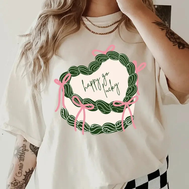 Happy Go Lucky Cake Shirt ~ Unisex Apparel Relaxed Fit Printed In The USA Clothing Womenswear Comfort Cotton Top Athletic Boho Chic
