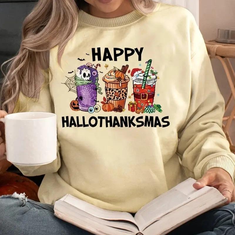 Happy Hallothanksmas Print Sweatshirt, Casual Long Sleeve Crew Neck Sweatshirt, Women's Clothing