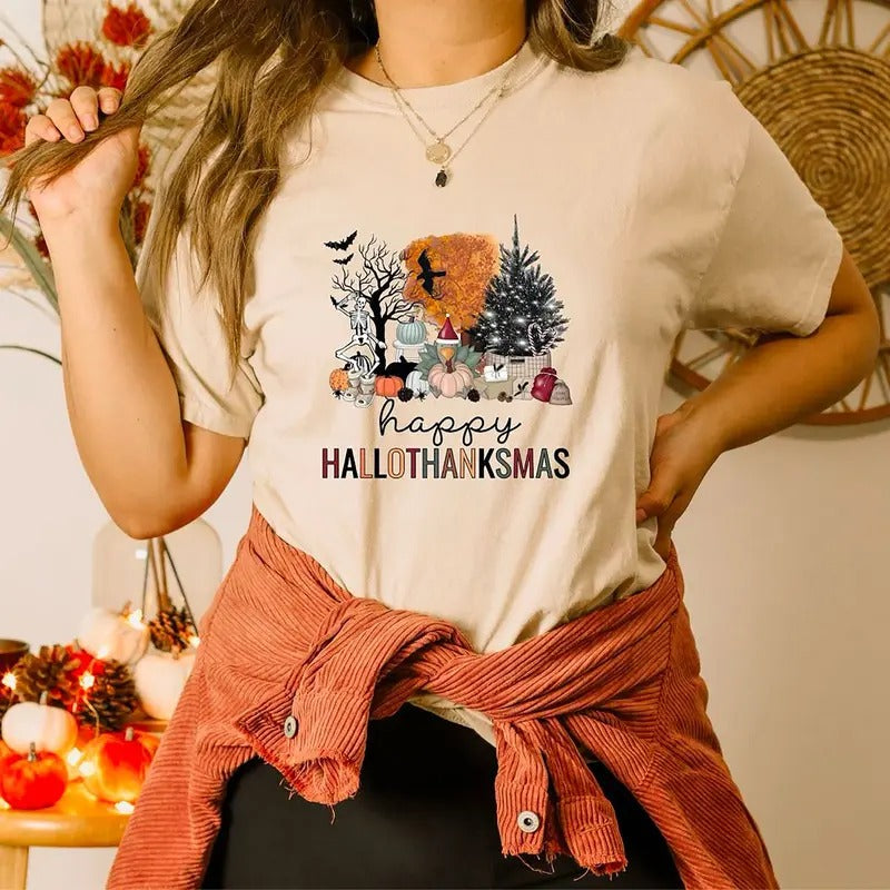 Happy Hallothanksmas Shirt, Halloween Thanksgiving Christmas Sweatshirt, Fall Vibes Shirt, Holiday Season Shirt, Autumn Sweater, Pumpkin Christmas Tree Shirt