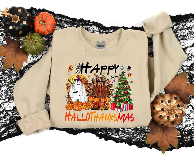 Happy Hallothanksmas Sweatshirt, Halloween Thanksgiving Christmas Crewneck, Fall Vibes Shirt, Holiday Season Shirt, Autumn Sweater, Pumpkin Christmas Tree Shirt