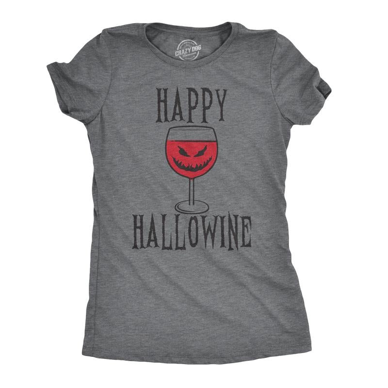 Happy Hallowine Funny Halloween Wine Glass Drinking T Shirt For Woman Funny Womens T Shirts Cute Slimming Top Comfortable Soft Womenswear Halloween Tops for Women Funny Wine Top Women's Novelty Tees Dark Grey