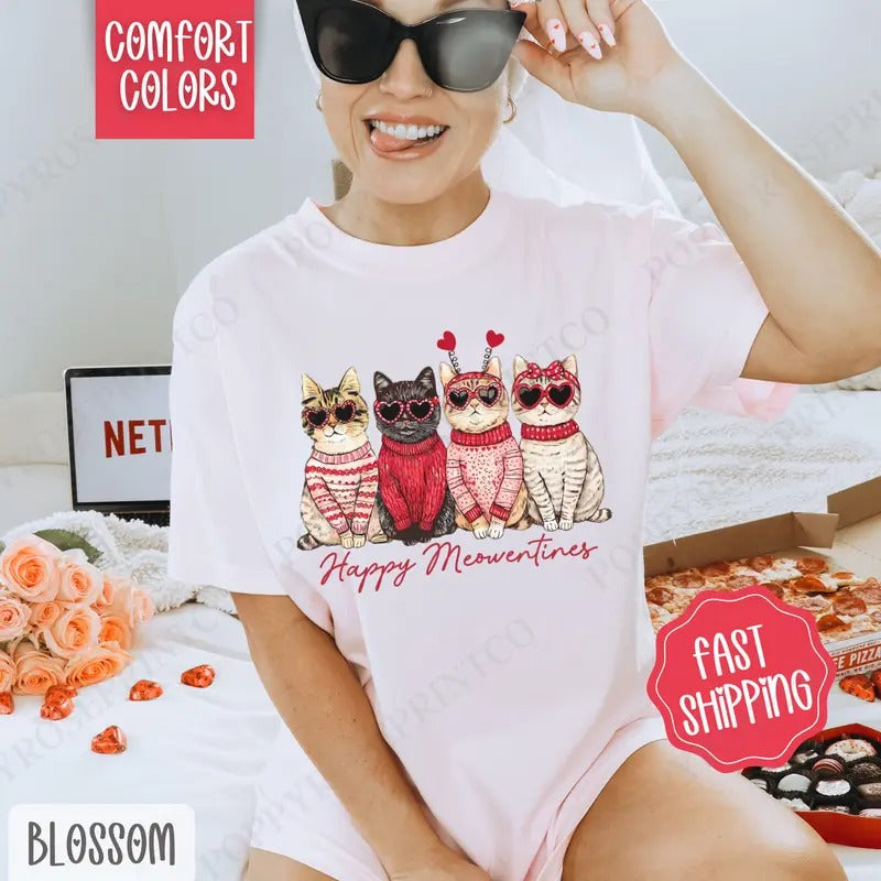 Happy Meowentines Shirt Comfort Colors, Valentine's Day Women's Tee, Holiday Cat Women's Tshirt