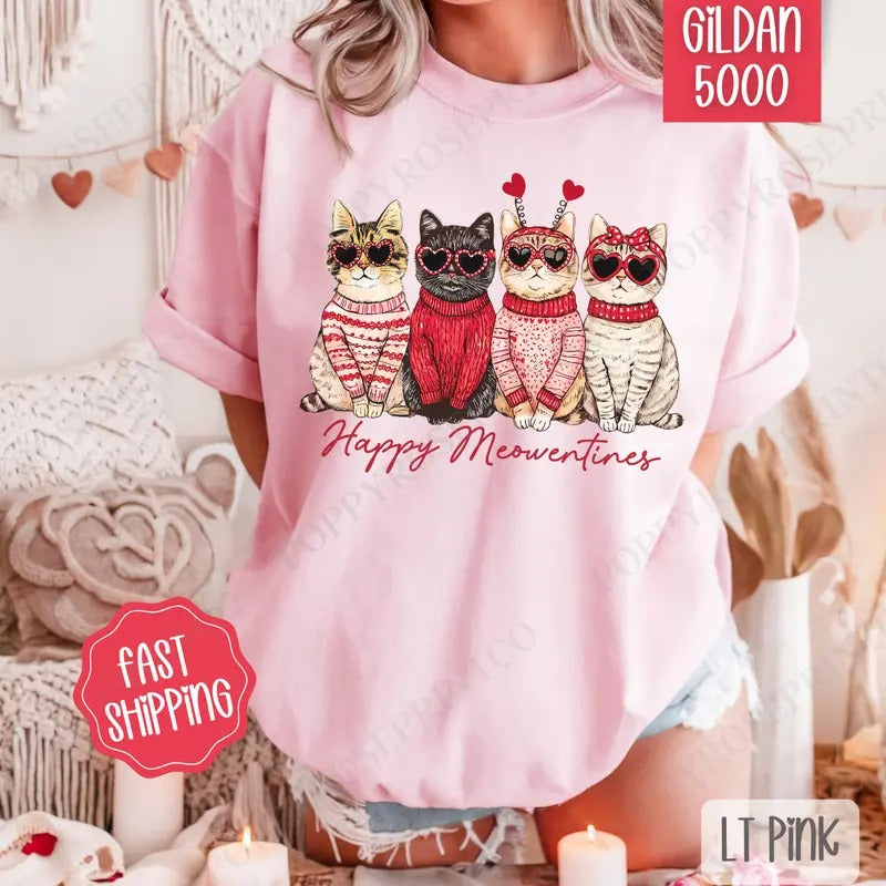 Happy Meowentines Shirt Gildan, Valentine's Day Women's Tee, Holiday Cat Women's Tshirt Plus Sizes