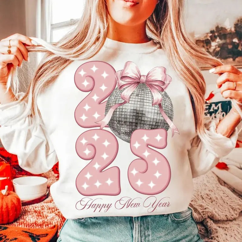 Happy New Year 2025 T-Shirt - Retro Disco Ball New Year's Sweatshirt, Trending Pink Bow New Year Clothing, Unisex Cotton Crewneck