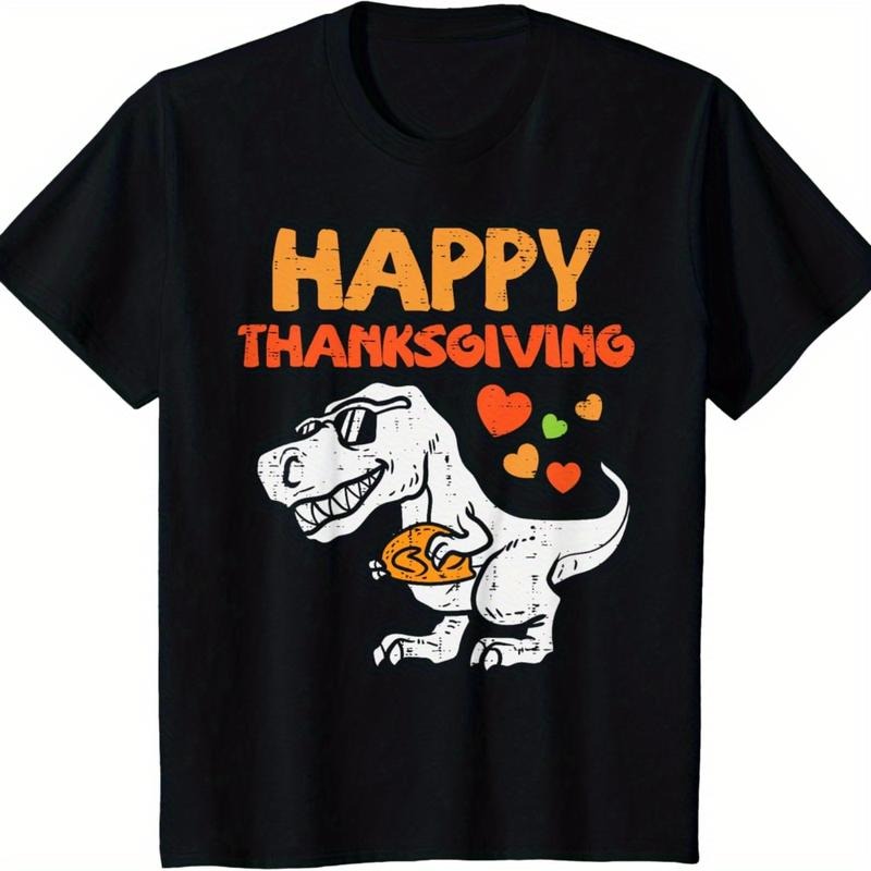 Happy Thanksgiving Dinosaur Applique T-Shirt, Cotton Blend Crew Neck Tee, Geometric Pattern, Slight Stretch, Knit Fabric, for Casual & Sports Wear, Fits Adults and Teens Made in USA
