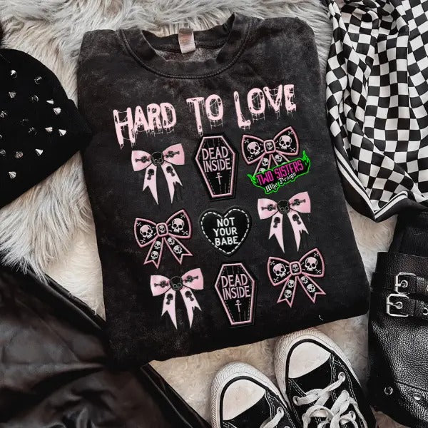 Hard to Love Coquette Bow Black Mineral Wash Crewneck Sweatshirt T Shirt Pullover Women's Vintage Graphic Hoodie Casual Cotton Streetwear