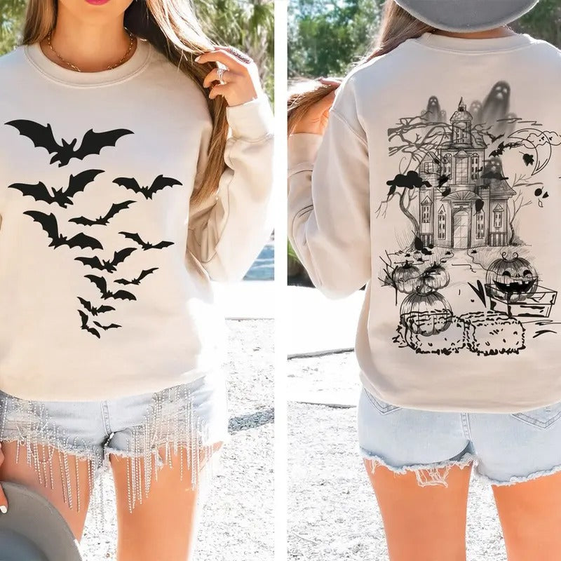 Haunted House Shirt ,Halloween Sweatshirt,Halloween Party Bats Crewneck,Spooky Season Hoodie | WearSparks.com