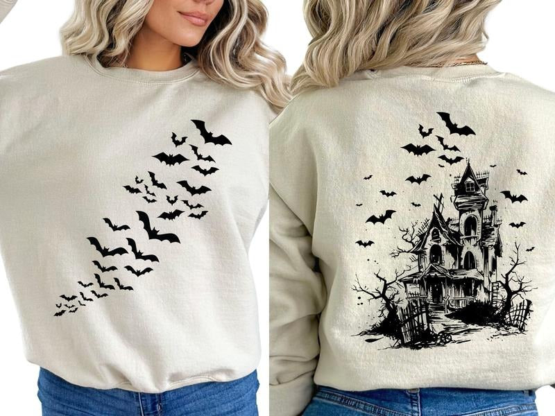 Haunted House with Bat Swarm Halloween Pullover Sweatshirt for Women, Halloween Sweatshirt, Goth Aesthetic Crewneck, Casual Fall Sweatshirt, Womenswear, Comfortable Oversized Sweatshirt