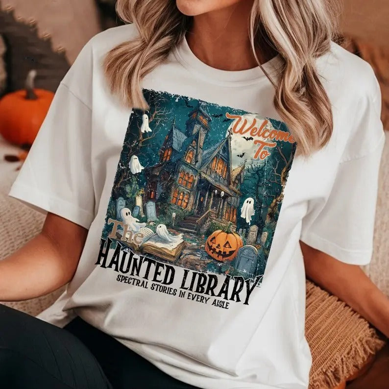 Haunted Library Shirt, Librarian Book Lover T-Shirt, Funny Halloween Gift Bookish Tee Spooky tshirt, Reading Ghost, Cotton Crewneck Shortsleeve Tee
