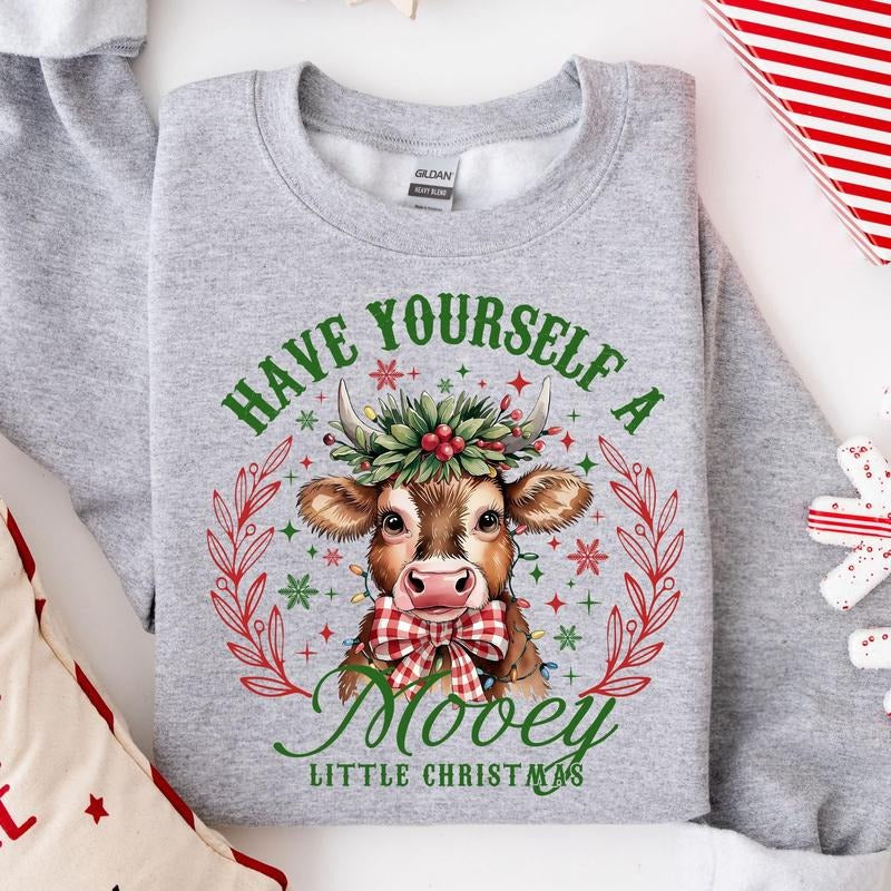 Have Yourself a Mooey Little Christmas Sweatshirt, Country Christmas Shirt, Cow Lover Sweater, Coquette Christmas Cow Tee,Farm Christmas Tee Classic Cotton