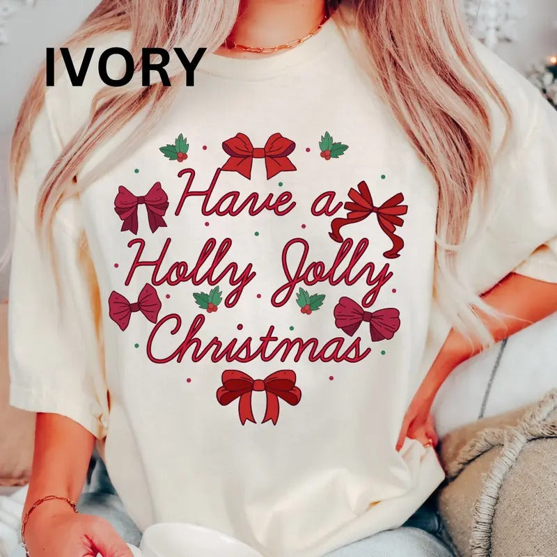Have a Holly jolly Christmas Bow shirt Women's Oversized Christmas Shirt - Festive Printed Design - Cotton, Comfortable Casual Soft