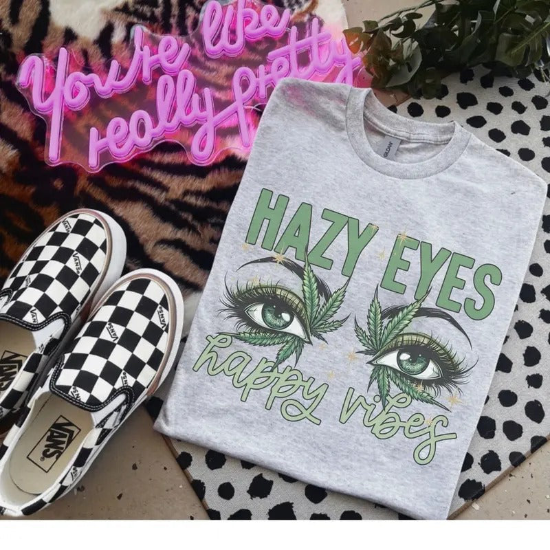 Hazy Eyes Happy Vibes - Bleached Shirt - Gildan
