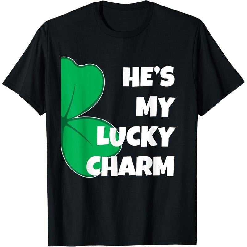 He's My Lucky Charm Funny St. Pattys Day Couple T-Shirt - Black, Unisex-Adults, Short Sleeve, Classic Fit, Size: Small made in USA
