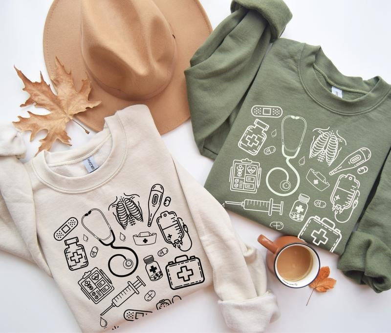 Healthcare Essentials Crewneck Sweatshirt, Nurse Sweatshirt, Medical Sweatshirt, Gift for Nurse Collar Menswear Pullover Sweaters Cotton Fabric Hoodie