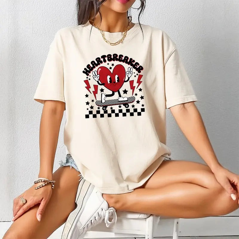 Heart Breaker Valentines Printed Sweatshirt, Skater Heart Sweatshirt, Valentines Comfort Colors T Shirt, Good Vibes Gift Sweatshirt Full Color Print