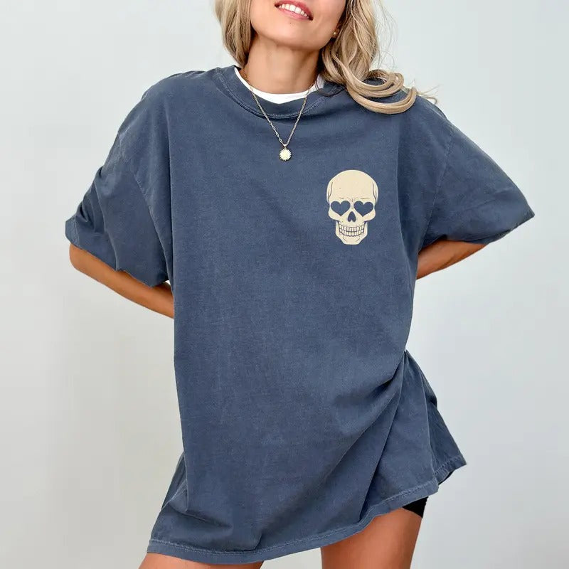 Heart Eyes Skull Tee, Funny Gothic Graphic T-shirt, Halloween Skull Unhinged Shirt, Skeleton Shirt, Funny Shirts For Women, Funny Gift Tee Halloween, Comfy Fabric Graphic Tee, Women's Tops, Womenswear, Cotton Fabric Relaxed Fit Chic Style