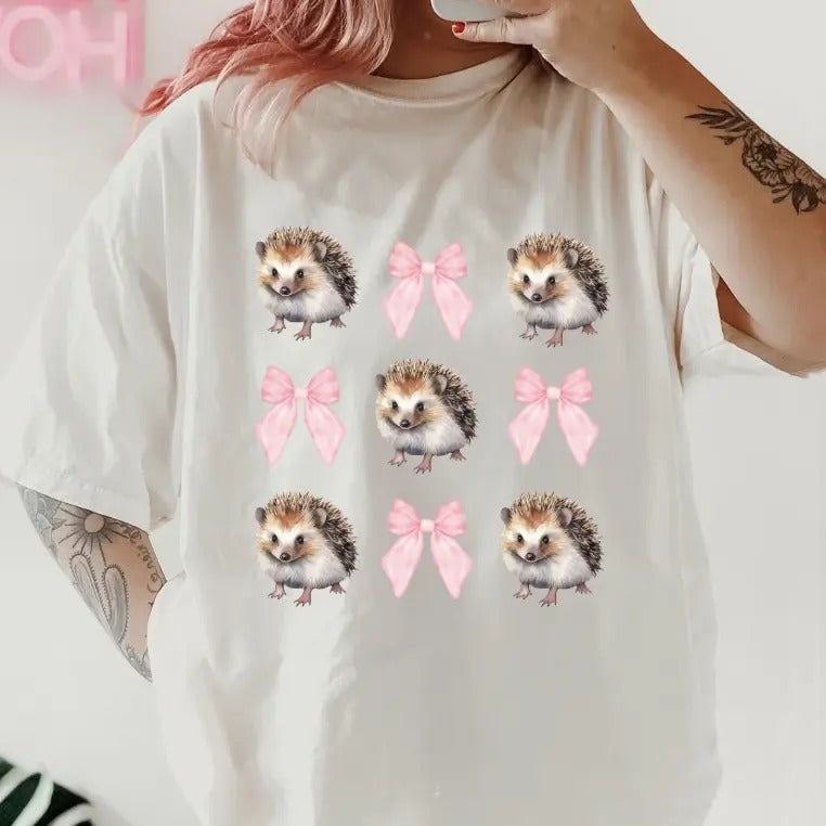 Hedgehog with bows Shirt ~ Unisex Apparel Relaxed Fit Printed In The USA Clothing Womenswear Casual Comfort Cotton Top Athletic Boho Chic
