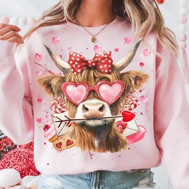 Heifer Valentine Highland Cow Sweatshirt Western Country Love You Till The Cows Come Home,Coquette Valentine