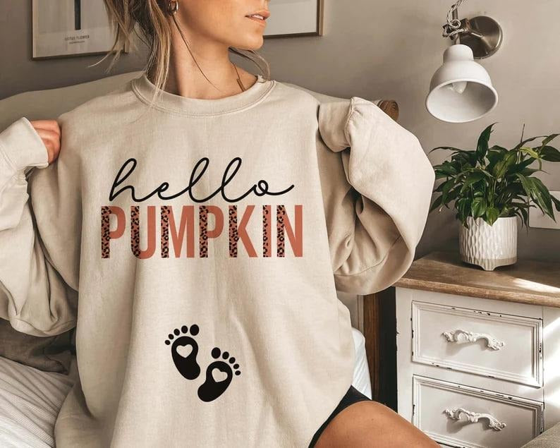 Hello Pumpkin Sweatshirt Thanksgiving Pregnancy Announcement Sweater Fall Maternity Crewneck Halloween November Gender Reveal Gift for her